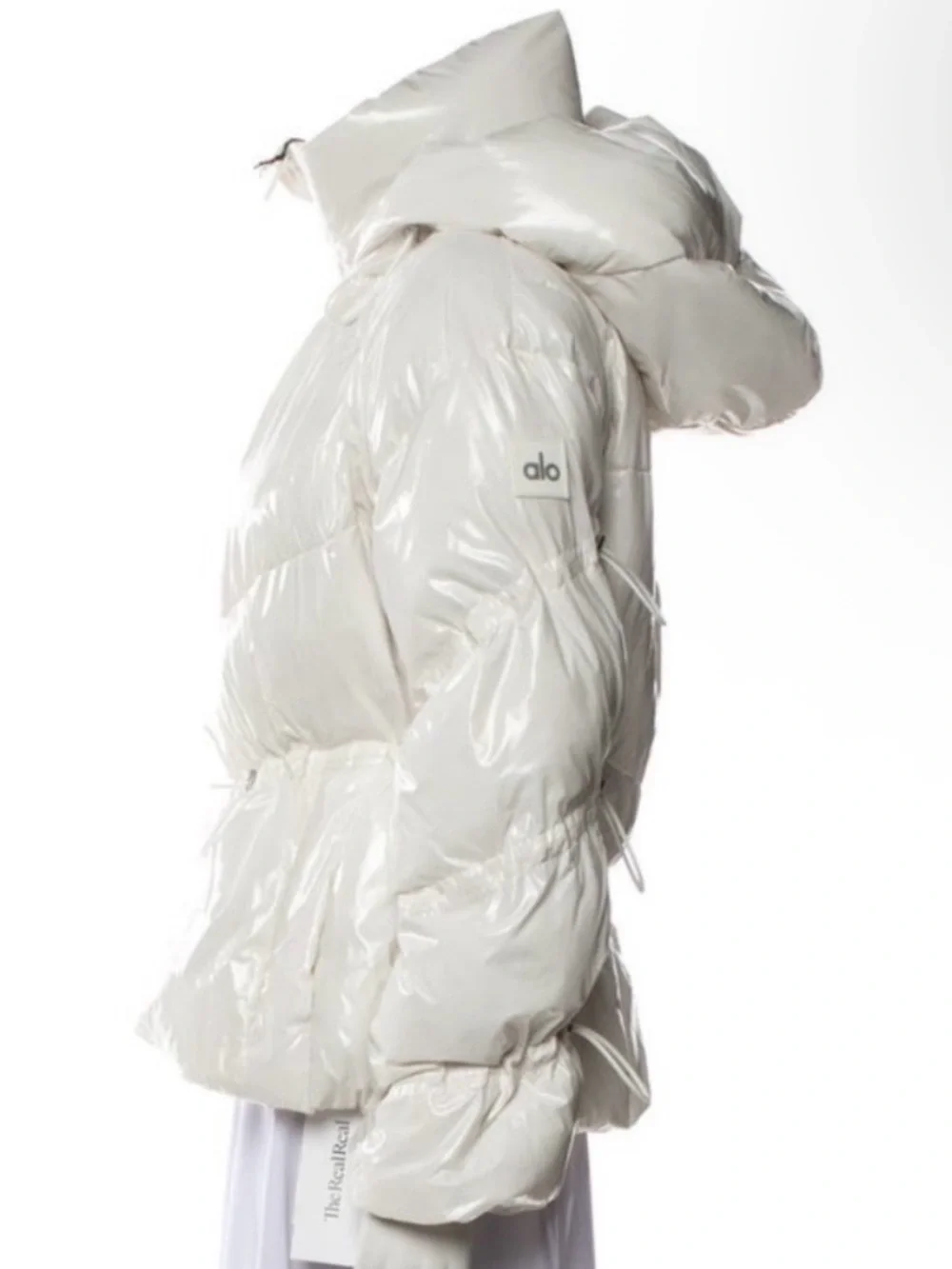 NWOT ALO Yoga Glossy Ivory Puffer Jacket with Hood Sz M
